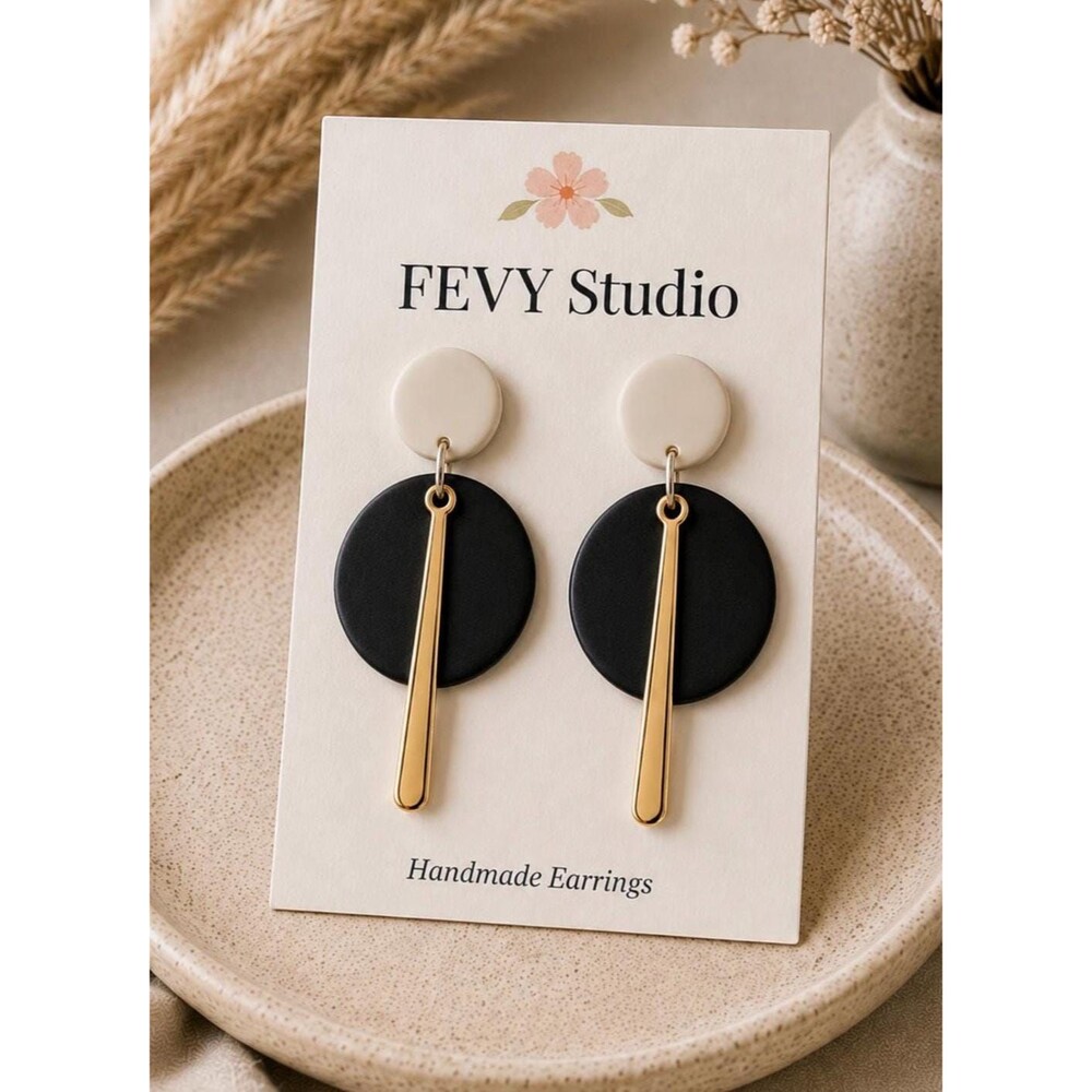 Black White Statement Earrings | Modern Geometric Dangle | Handmade Clay